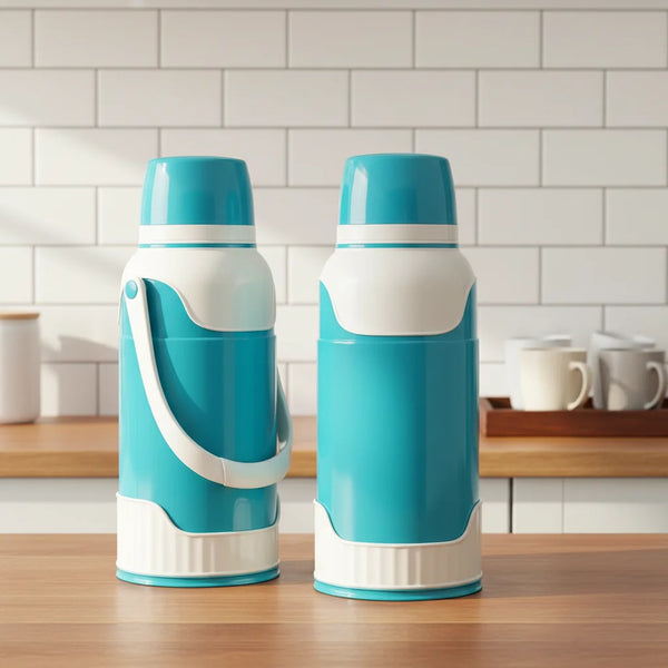 3.2L Large Capacity Double-Wall Vacuum Flask in turquoise on a wooden countertop with white mugs in the background.