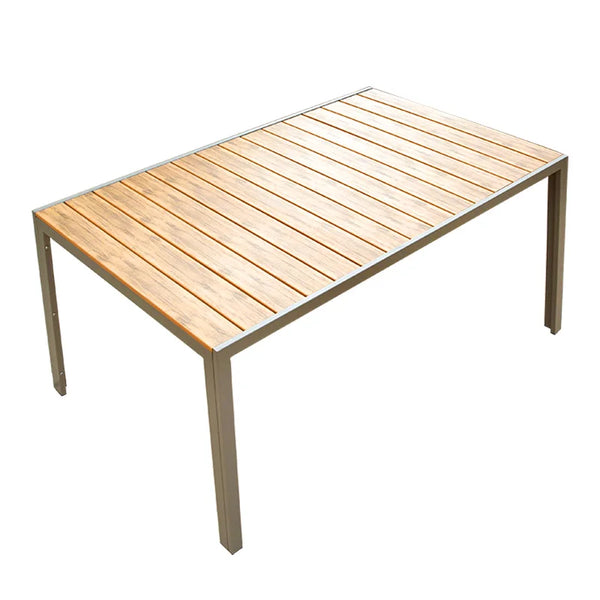 Outdoor Teak and Aluminium Dining Table with 4 Armchairs from a top view showcasing the wooden surface and aluminum frame.