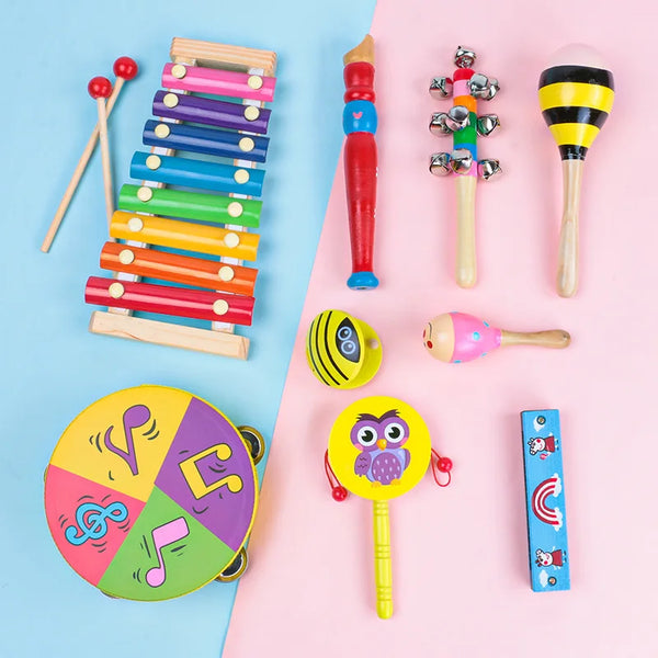 Colorful collection of musical instruments including a Childrens Wooden Bass Drum Toy for early music play.