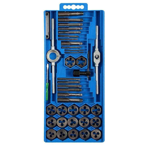 40PC Professional Metric Tap Wrench and Die Set in a blue storage case with various taps and dies.