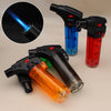 Refillable Butane Jet Torch Lighter 12 Piece Display in various colors with a blue flame ignited.