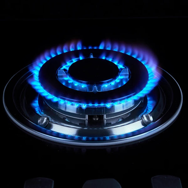 Close-up of a blue flame on the 5 Burner Glass Gas Cooker Cooktop Induction Stove, showcasing its efficient heating.