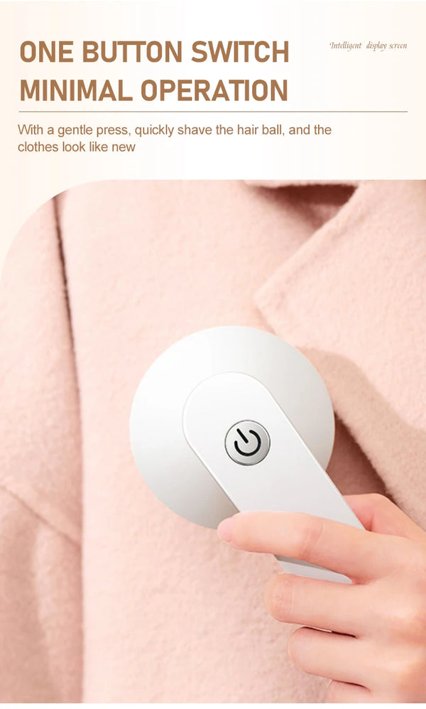 Portable USB Rechargeable Fabric Shaver and Lint Remover in use with one button operation, keeping clothes looking new.