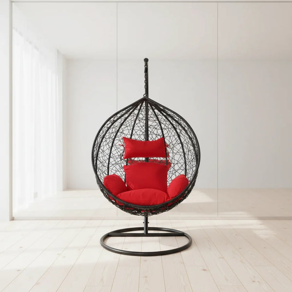 Modern Indoor-Outdoor Swing Chair in a stylish black and red design, perfect for relaxation in indoor or outdoor settings.
