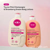 AHA Soothing 24H Moisture Body Lotion bottles featuring Pink Champagne and Strawberry Dream scents.