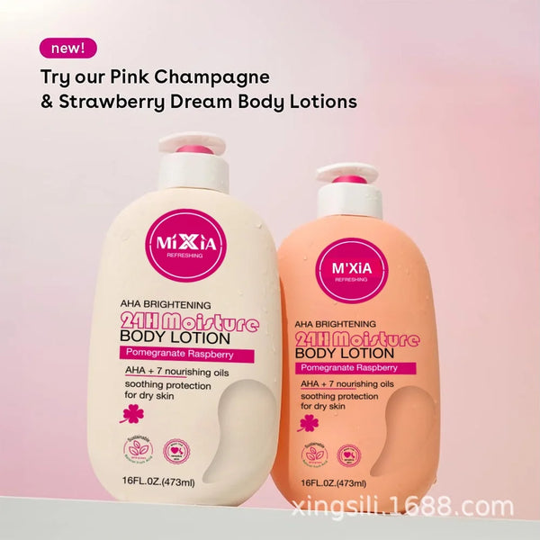 AHA Soothing 24H Moisture Body Lotion bottles featuring Pink Champagne and Strawberry Dream scents.