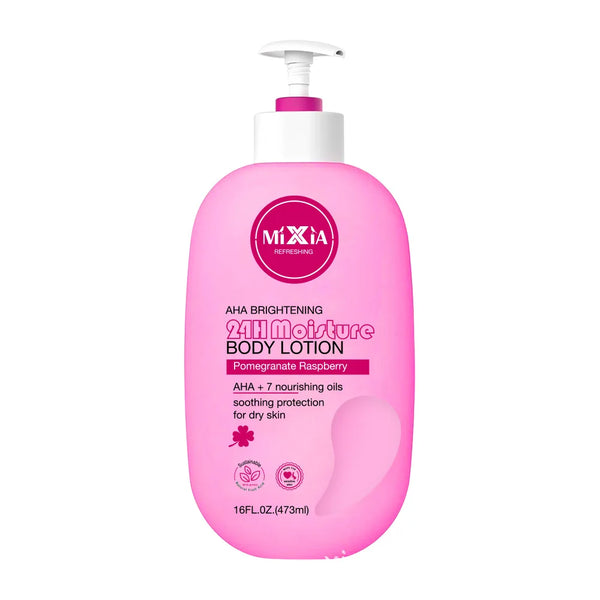 AHA Soothing 24H Moisture Body Lotion in a pink pump bottle, designed for dry and sensitive skin hydration.