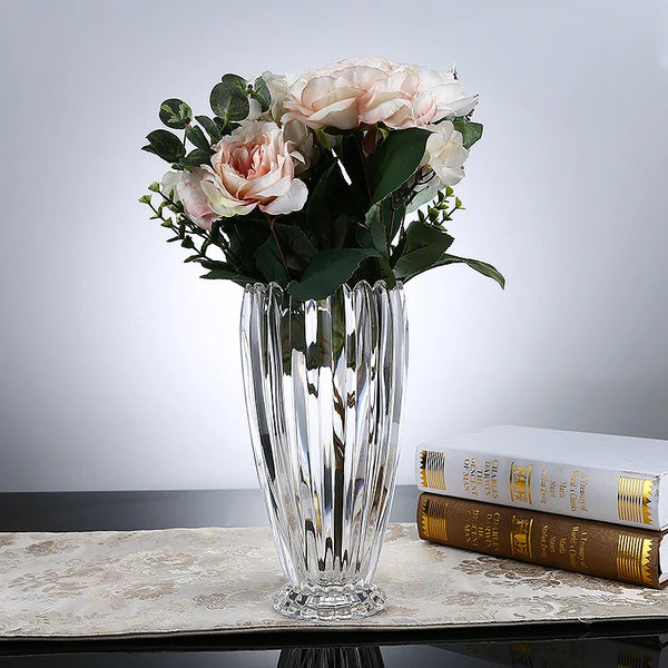 Ribbed Crystal Glass Flower Vase with Scalloped Rim