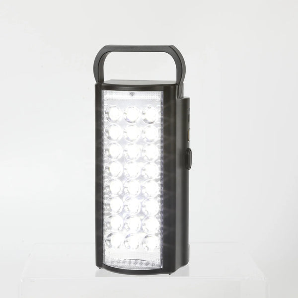 Portable LED Emergency Light Rechargeable Lantern on display with bright LED lights and sturdy handle for easy carrying.