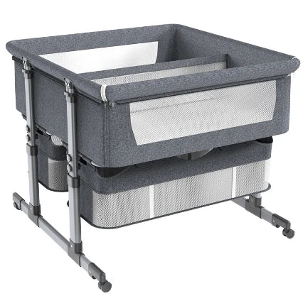 Double Crib Movable Portable Easy Fold Twins Baby Bed in grey fabric design for convenient twin sleeping.