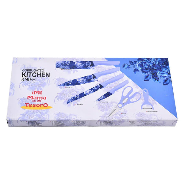 Kitchen Knife Set Color Heat Transfer Pattern Six-Piece Set in a vibrant box design featuring various cutting tools.