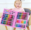 A happy child holding the open 208 Piece Deluxe Kids Art Sketching and Drawing Set showcasing colors and tools.