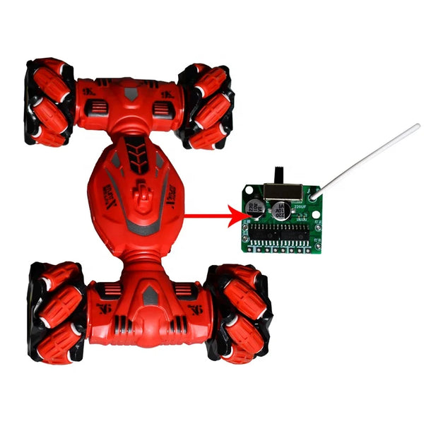 5-Way 2.4G RC Torsion Car Receiver Board connected to a red remote-controlled stunt car.