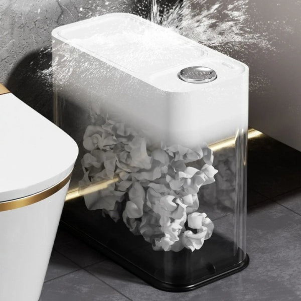 Covered Trash Can designed to keep waste contained and reduce odors for a clean bathroom.