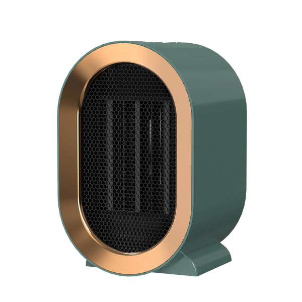 Portable PTC Electric Fan Heater in green and gold design, perfect for warming personal workspaces.