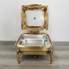 Gold Stainless Steel Square Chafing Dish with Flip Top open showcasing elegant design and spacious interior.