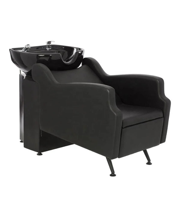 Professional Reclining Salon Shampoo Chair with ergonomic design and sleek black finish for hair washing.