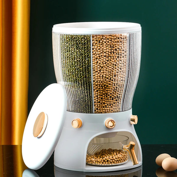Multi-Compartment Plastic Grain Dispenser with three compartments for organized storage of dry goods.