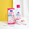 Natural pH Balanced Rose Intimate Wash bottle and box with rose flower background, promoting gentle cleansing for personal hygiene.