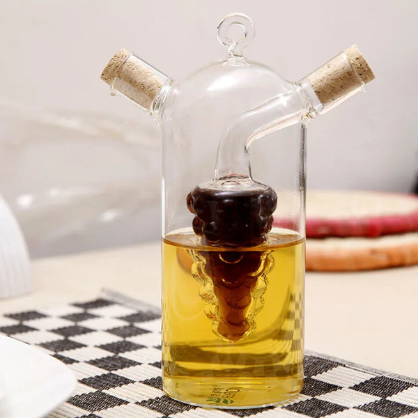 Borosilicate 2 in 1 Oil Vinegar Bottle with Grape Shape elegantly storing oil and vinegar in a unique design.