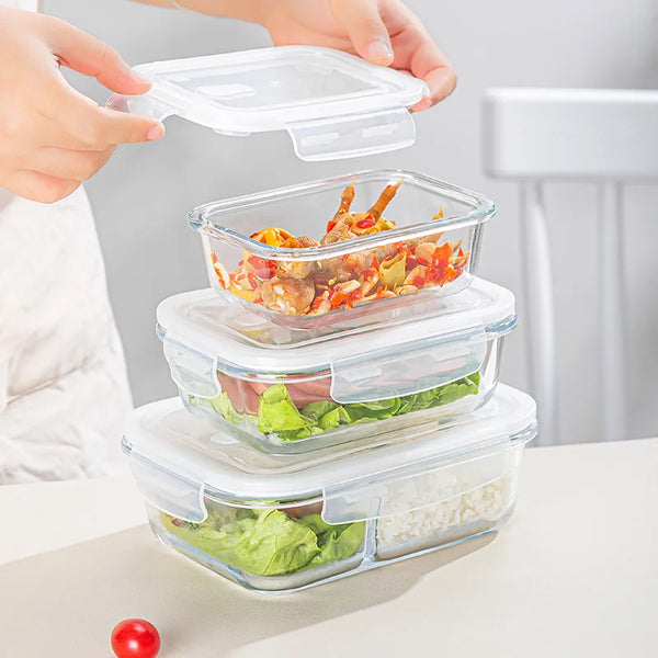 High Borosilicate Microwaveable Glass Lunch Box stacked with colorful meals and fresh ingredients ready for storage and heating.
