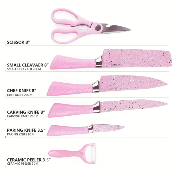 6 Piece Non Stick Kitchen Knife Set including scissors, cleaver, chef knife, carving knife, paring knife, and ceramic peeler.