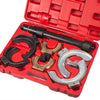 Universal McPherson Coil Spring Compressor Tool Set displayed in a red carrying case with various tools for strut and spring disassembly.