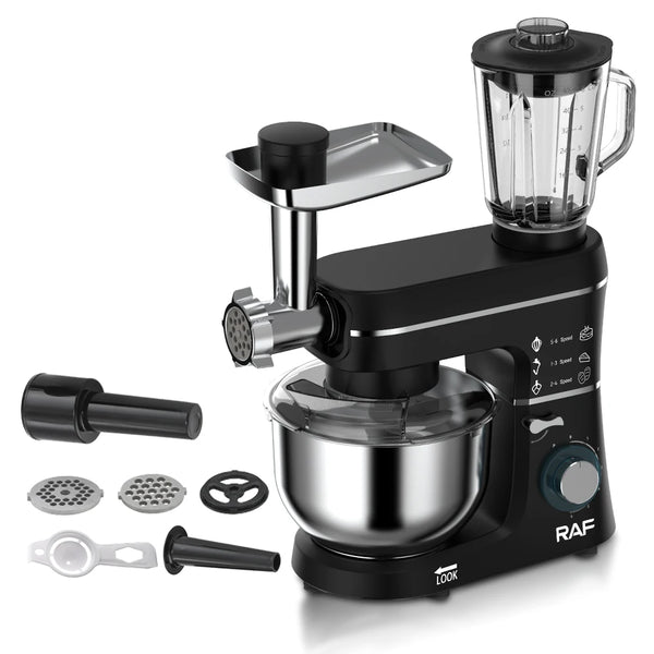 1400W Multifunction Stand Mixer with Meat Grinder showing blender, meat grinder attachment, and mixing bowl.
