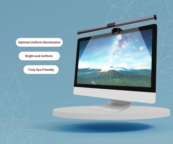 LED Monitor Screen Light Bar attached to a computer screen providing optimal uniform illumination and eye protection.
