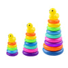 Colorful Rainbow Tower Duck Stacking Ring Toy with three stackable rings and a cute yellow duck on top.
