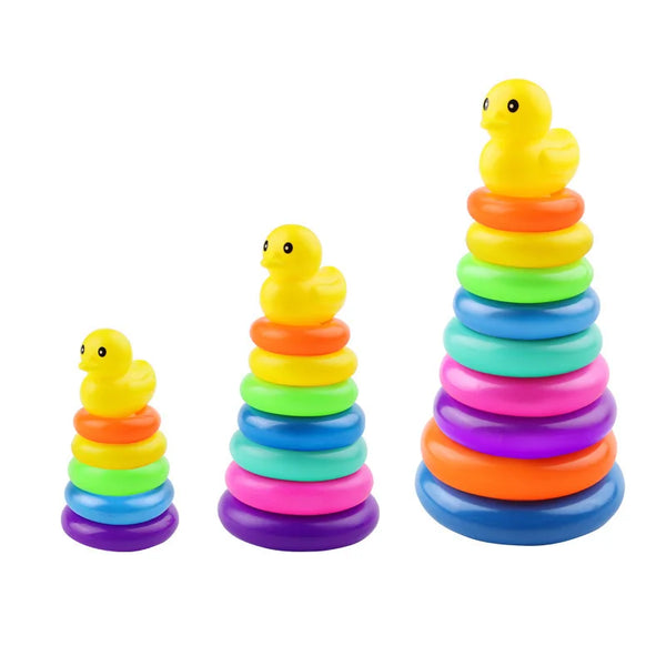 Colorful Rainbow Tower Duck Stacking Ring Toy with three stackable rings and a cute yellow duck on top.