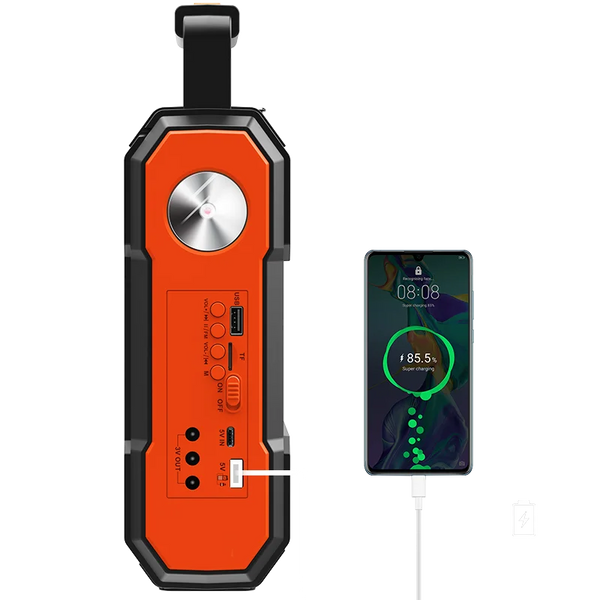 4500mAh Solar Lighting System with Bluetooth Speaker showing power outlet and connected phone.