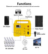 Portable Mini Solar Panel Kit with built-in radio, solar panel, DC outputs, LED bulbs, and fan for outdoor use.