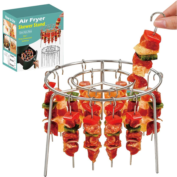 Air Fryer Barbecue Grill Rack and Skewer Set displaying skewered vegetables and meat for air frying.