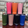 Colorful collection of 17oz Can Cooler Bluetooth Speaker Tumblers stacked on a table for outdoor entertainment.