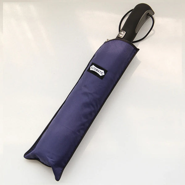 3-Fold Minimalist Automatic Umbrella in navy blue carrying case, compact and portable design.