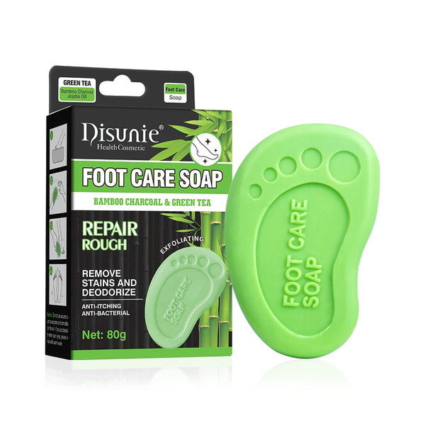 Bamboo Charcoal Green Tea Foot Care Soap with packaging and foot-shaped design, ideal for stain removal and deodorizing.