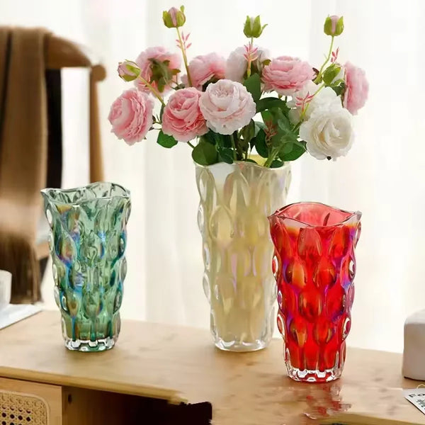Round Point Textured Glass Vase with Wavy Rim