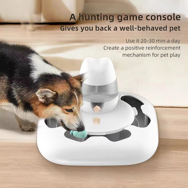 Dog interacting with Automatic Interactive IQ Puzzle Feeder Toy for rewarding play and mental stimulation.