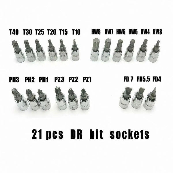 High-Quality 46-Piece Solid Metal Socket & Ratchet Tool Set showcasing 21 pieces of DR bit sockets arranged in organized layout.
