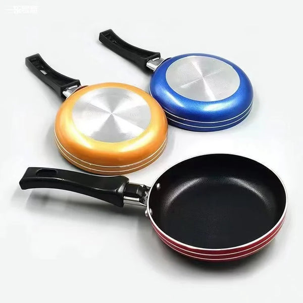 Non Stick Aluminum Mini Round Frying Pan in three vibrant colors: orange, blue, and red, showcasing compact design for cooking.