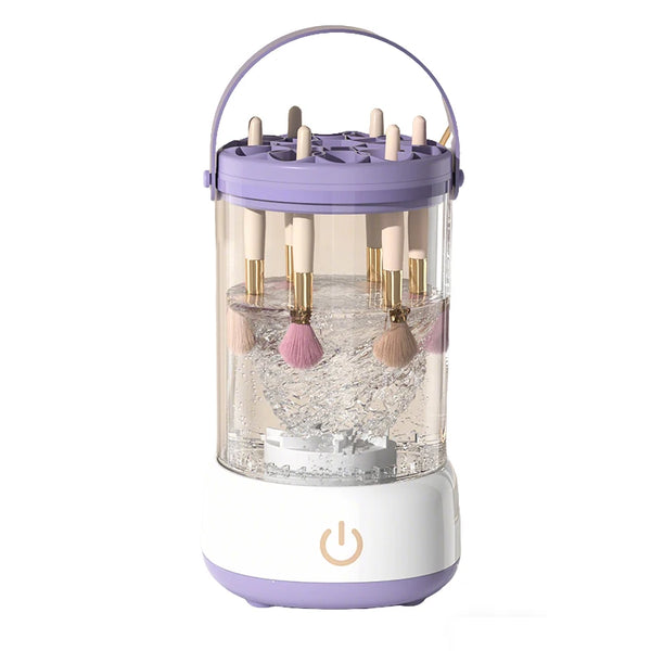 Automatic High-Speed Makeup Brush Cleaner and Dryer with brushes in a cleaning chamber.