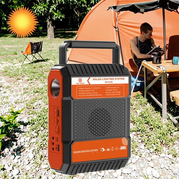4500mAh Solar Lighting System with Bluetooth Speaker at a campsite with solar panel and outdoors.