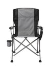 Lightweight Portable Metal Folding Chair in gray and black with cup holder and adjustable straps.