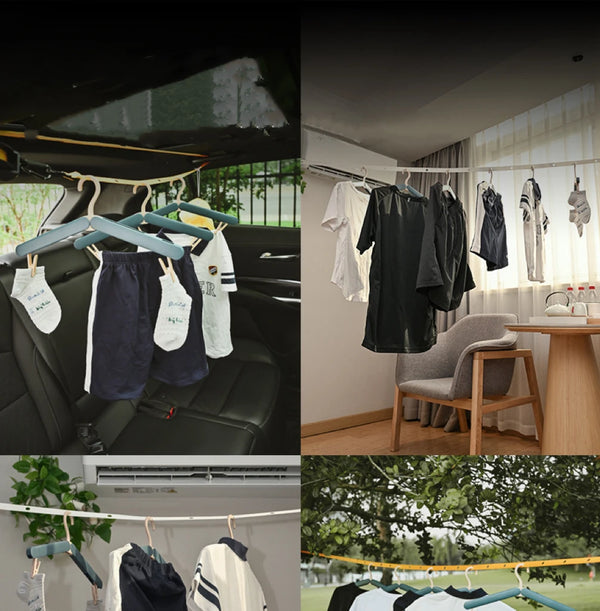Portable Retractable Clothes Drying Line used in a car and indoors for drying clothes conveniently.