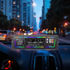 7-Color LED Single DIN Car MP3 Player with Bluetooth installed in a car dashboard with city lights in the background.
