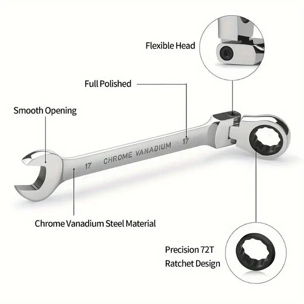 Flexible Head Carbon Steel Ratchet Wrench features chrome vanadium steel, precision 72T ratchet design, and polished finish.