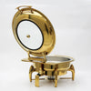 Round Stainless Steel Buffet Chafing Dish in gold finish with lid open and visible interior.