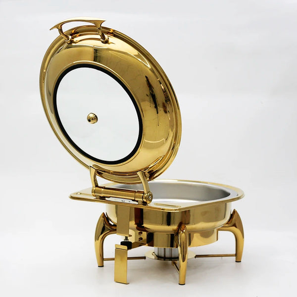 Round Stainless Steel Buffet Chafing Dish in gold finish with lid open and visible interior.