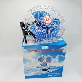 12V DC Portable Car Clip Fan mounted on a box, showing a compact design ideal for vehicle ventilation and comfort.